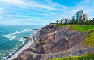  Lima, Peru. Urban landscape in Miraflores. View of residential buildings near the Pacific Ocean.