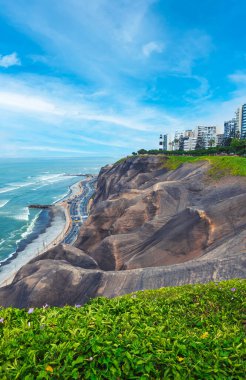  Lima, Peru. Urban landscape in Miraflores. View of residential buildings near the Pacific Ocean.