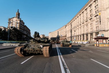 Kyiv, Ukraine - August 24, 2022: Destroyed military machinery of the Russian occupiers on the main street of the city on Ukraine's Independence Day.