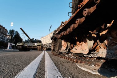 Kyiv, Ukraine - August 24, 2022: Destroyed military machinery of the Russian occupiers on the main street of the city on Ukraine's Independence Day.