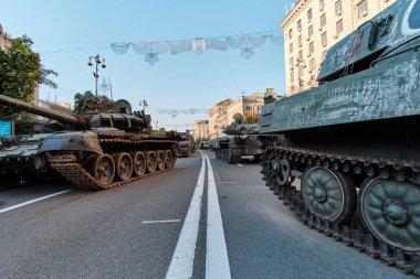 Kyiv, Ukraine - August 24, 2022: Destroyed military machinery of the Russian occupiers on the main street of the city on Ukraine's Independence Day.