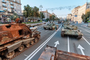 Kyiv, Ukraine - August 24, 2022: Destroyed military machinery of the Russian occupiers on the main street of the city on Ukraine's Independence Day.