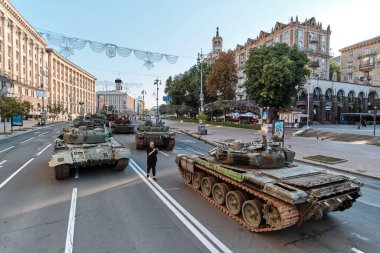 Kyiv, Ukraine - August 24, 2022: Destroyed military machinery of the Russian occupiers on the main street of the city on Ukraine's Independence Day.