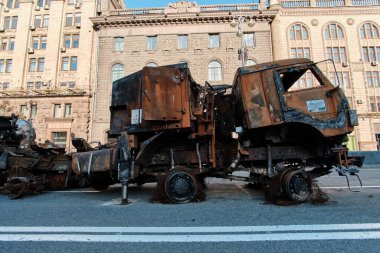 Kyiv, Ukraine - August 24, 2022: Destroyed military machinery of the Russian occupiers on the main street of the city on Ukraine's Independence Day.