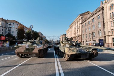 Kyiv, Ukraine - August 24, 2022: Destroyed military machinery of the Russian occupiers on the main street of the city on Ukraine's Independence Day.
