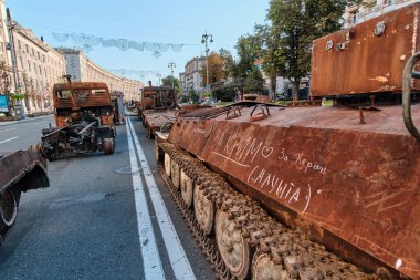 Kyiv, Ukraine - August 24, 2022: Destroyed military machinery of the Russian occupiers on the main street of the city on Ukraine's Independence Day.