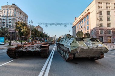 Kyiv, Ukraine - August 24, 2022: Destroyed military machinery of the Russian occupiers on the main street of the city on Ukraine's Independence Day.