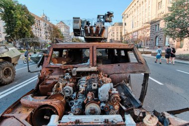 Kyiv, Ukraine - August 24, 2022: Destroyed military machinery of the Russian occupiers on the main street of the city on Ukraine's Independence Day.