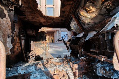 Kyiv, Ukraine - August 24, 2022: Destroyed military machinery of the Russian occupiers on the main street of the city on Ukraine's Independence Day.