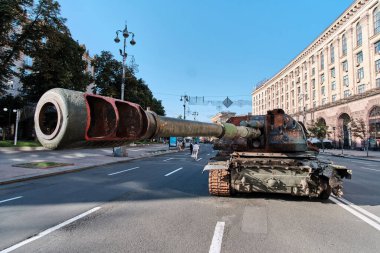 Kyiv, Ukraine - August 24, 2022: Destroyed military machinery of the Russian occupiers on the main street of the city on Ukraine's Independence Day.