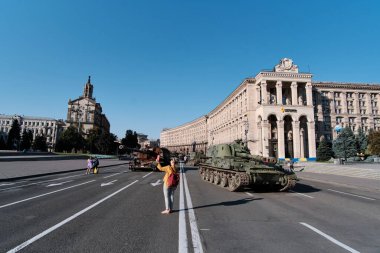 Kyiv, Ukraine - August 24, 2022: Destroyed military machinery of the Russian occupiers on the main street of the city on Ukraine's Independence Day.