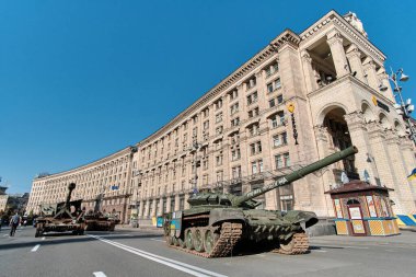 Kyiv, Ukraine - August 24, 2022: Destroyed military machinery of the Russian occupiers on the main street of the city on Ukraine's Independence Day.