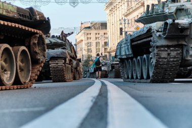 Kyiv, Ukraine - August 24, 2022: Destroyed military machinery of the Russian occupiers on the main street of the city on Ukraine's Independence Day.
