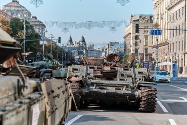 Kyiv, Ukraine - August 24, 2022: Destroyed military machinery of the Russian occupiers on the main street of the city on Ukraine's Independence Day.
