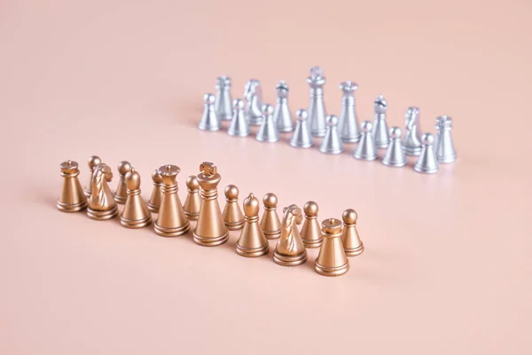 Gold Silver Chess Beige Background Beginning Game — 스톡 사진