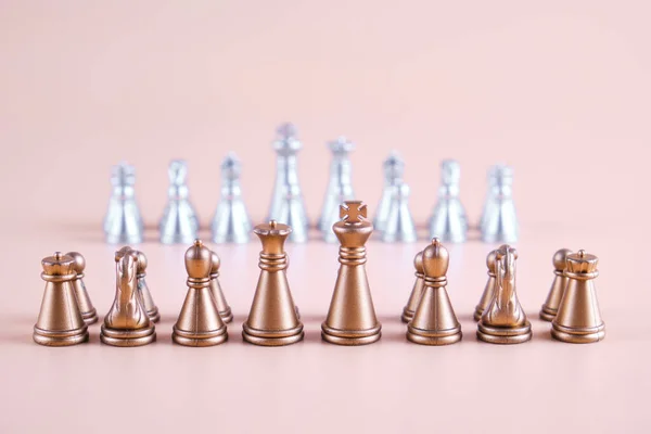 Golden Chess Silver Chess Beige Background Beginning Game — 스톡 사진