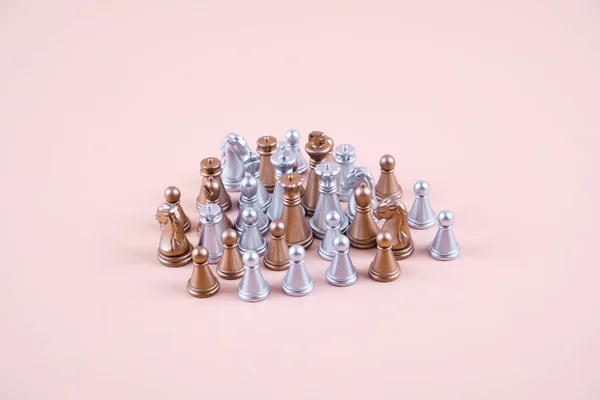 Gold Silver Chess Pieces Mixed One Pile Beige Background — 스톡 사진