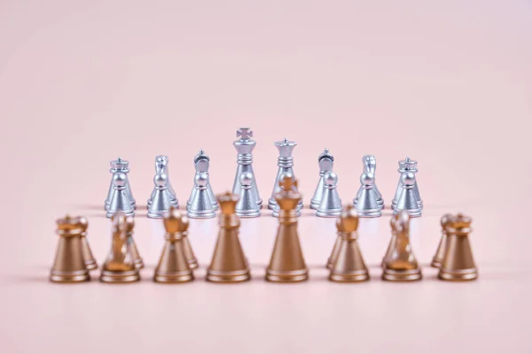 Golden Chess Silver Chess Beige Background Beginning Game — 스톡 사진