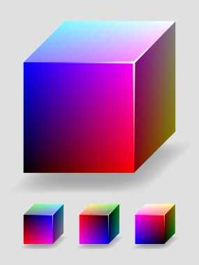 RGB renk uzayının bir parçasını temsil eden mavi ve kırmızı gradyanlı vektör renk küpü. 4 farklı görünüm
