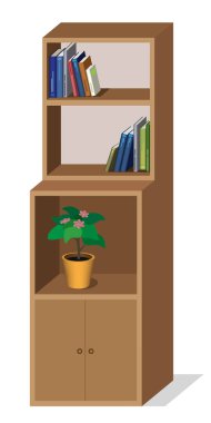 Dolapta kitap ve çiçek olan dolabın vektör çizimi