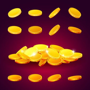 Koyu kırmızı arka planda izole edilmiş bir grup parlak altın sikke.