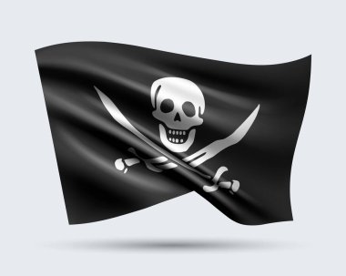 3D Jolly Roger korsan bayrağının vektör illüstrasyonu ışık arkaplanında izole edildi. Gradyan meş 'leri kullanarak oluşturuldu, EPS 10 vektörü