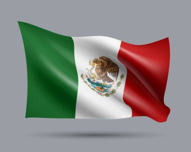 Meksika 'nın 3 boyutlu bayrağının gösterimi hafif arka planda izole edildi. Dünya koleksiyonundan gradyan meş, EPS 10 vektör tasarım ögesi kullanılarak oluşturuldu