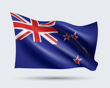 Yeni Zelanda 'nın 3 boyutlu bayrağının gösterimi ışık arka planında izole edildi. Dünya koleksiyonundan gradyan meş, EPS 10 vektör tasarım ögesi kullanılarak oluşturuldu