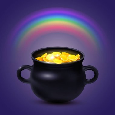 Karanlık arka planda gökkuşağı ile parlayan altın sikkeleri olan eski siyah çömlek. EPS 10 illüstrasyonu gradyan meş kullanarak oluşturuldu
