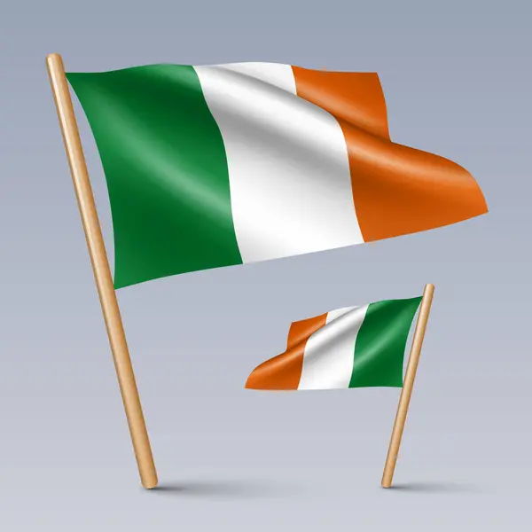 İrlanda 'nın üç boyutlu iki bayrak simgesinin gösterimi ışık arkaplanda izole edildi. Dünya koleksiyonundan 10 vektör tasarım unsurları olan gradyan meş 'ler kullanılarak oluşturuldu