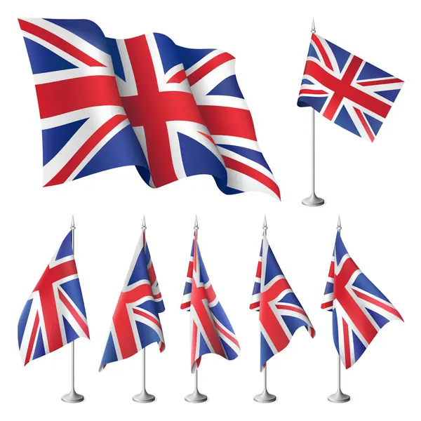 Büyük Britanya (Birleşik Krallık) vektör bayrakları. Metal ayaklıklı bayraklar ve dalgalı bir bayrak rüzgarda dalgalanıyor. Dünya koleksiyonundan EPS 10 tasarım elementleri kullanarak oluşturuldu