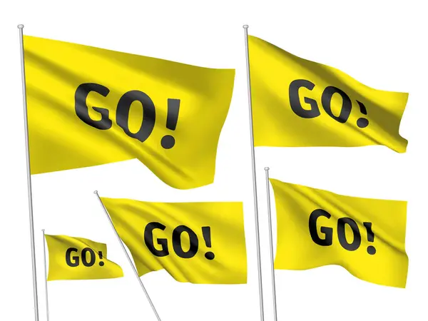 Żółte Flagi Wektorowe Czarnym Tekstem Zestaw Falistych Flag Masztami Wyizolowanymi Grafika Wektorowa