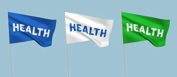 Flagi Wektorowe Tekstem Zdrowia Zestaw Falistych Flag Masztami Wyizolowanymi Jasnoniebieskim Wektor Stockowy