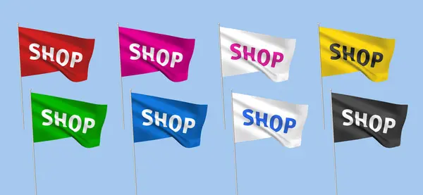 Bandeiras Vetoriais Coloridas Com Texto Shop Conjunto Bandeiras Onduladas Com Gráficos De Vetores