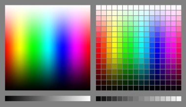 RGB renk uzayını temsil eden spektrumlar. Gradyan meş 'leri ve basit dikdörtgenleri kullanarak oluşturuldu