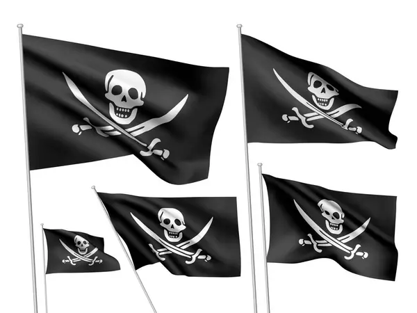 Flagi Wektorów Piratów Jolly Roger Zestaw Czarnych Falistych Flag Masztami Wektory Stockowe bez tantiem