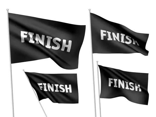 Czarny Wektor Flagi Białym Tekstem Finish Zestaw Falistych Flag Masztami Ilustracja Stockowa