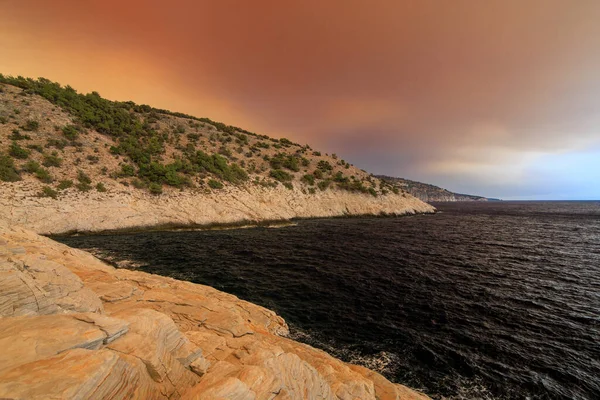Bela Vista Panorâmica Ilha Thassos 2023 Durante Incêndio Enquanto Fumaça — Fotografia de Stock