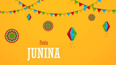 Sarı arka plan üzerinde kağıt fenerler ve kağıt çelenk ile Festa Junina poster, vektör illüstrasyon