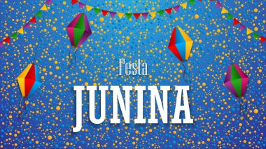 Festa Junina arka planı kağıt fenerler ve kağıt çelenkler, vektör illüstrasyonu