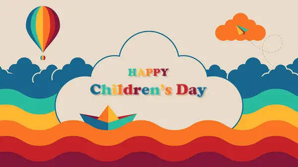 Glad Barnens Dag Bakgrund Med Moln Formad Ram Vektor Illustration — Stock vektor