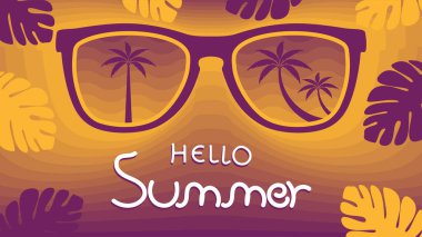 Güneş gözlüklü palmiye ağaçları ve vektör illüstrasyonuyla soyut renkli yaz arkaplanı