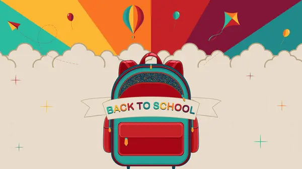 stock vector Back to school banner, poster. Backpack, paper airplane, kite, hot air balloon, balloons, rainbow on lined sheet of paper, vector illustration