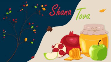 Rosh Hashanah 'ın nar dizaynı. Shana Tova posteri, vektör illüstrasyonu.