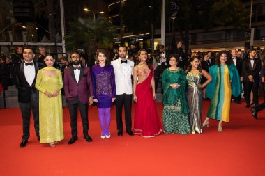 CANNES, FRANCE - MAY 22, 2022: Sana Jafri, Apoorva Charan, Sarmad Sultan Khoosat, Sania Saeed, Alina Khan, Ali Junejo, Saim Sadiq and Rasti Farooq attend the screening of 