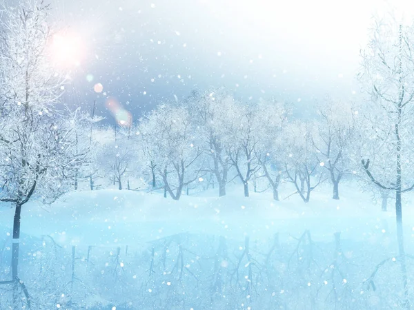冬の木の風景とクリスマスの背景の3Dレンダリング — ストック写真