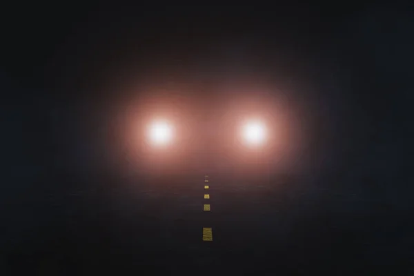 Renderowanie Reflektorów Samochodowych Mglistej Drodze Nocy — Zdjęcie stockowe