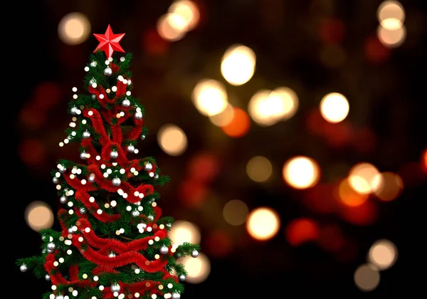 3Dレンダリングのクリスマスツリーに焦点を当てたボケライトの背景 — ストック写真