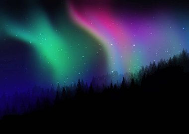 Silhouette of a pine tree landscape against a starry night sky with northern lights clipart