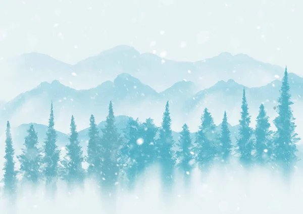 Χειροποίητο Υδατογράφημα Χριστουγεννιάτικο Χειμερινό Δέντρο Τοπίο — Διανυσματικό Αρχείο